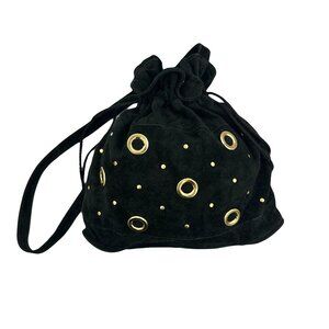 AJ Valenci #2 Vtg 80s Black Gold-Colored Accent Suede Bucket Bag Crossbody Purse